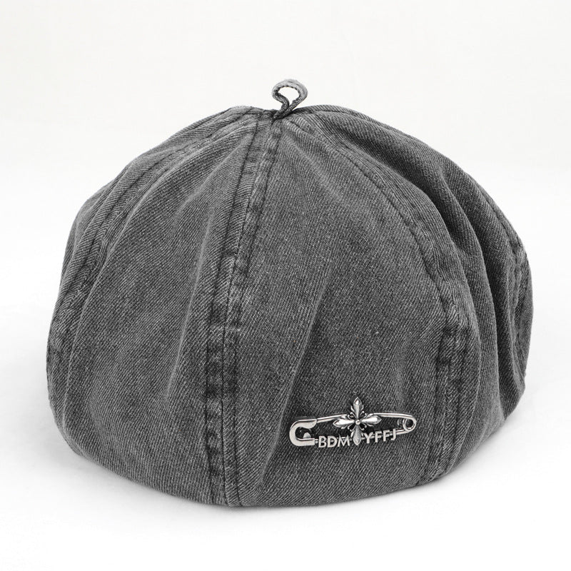 Wholesale Beret  retro washed distressed metal label pin Denim hat