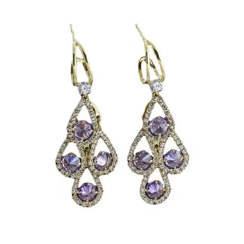 Wholesale Diamond-Encrusted Water Drop Tassel C-Shaped Earrings
