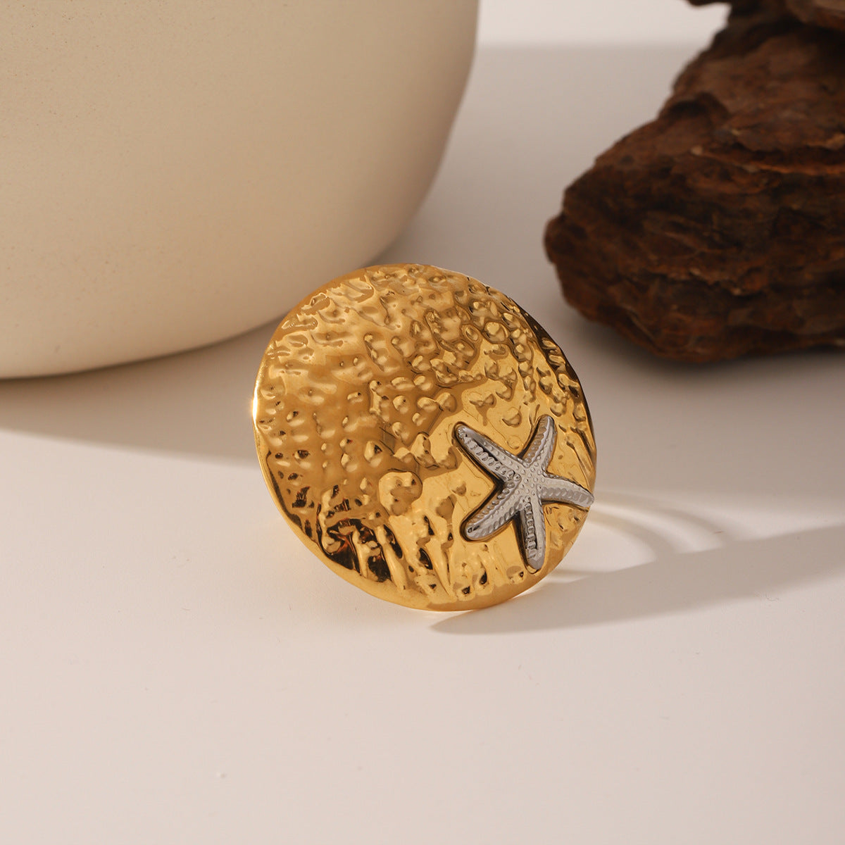 Wholesale Ocean Style Titanium Steel  Round Hammer Pattern Ring