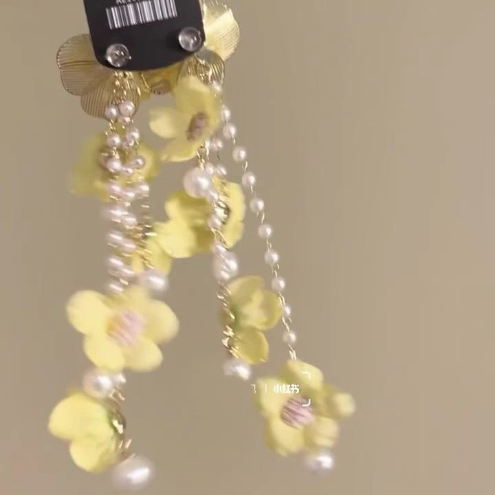 Wholesale Yellow Flower Pearl Tassel Earrings
