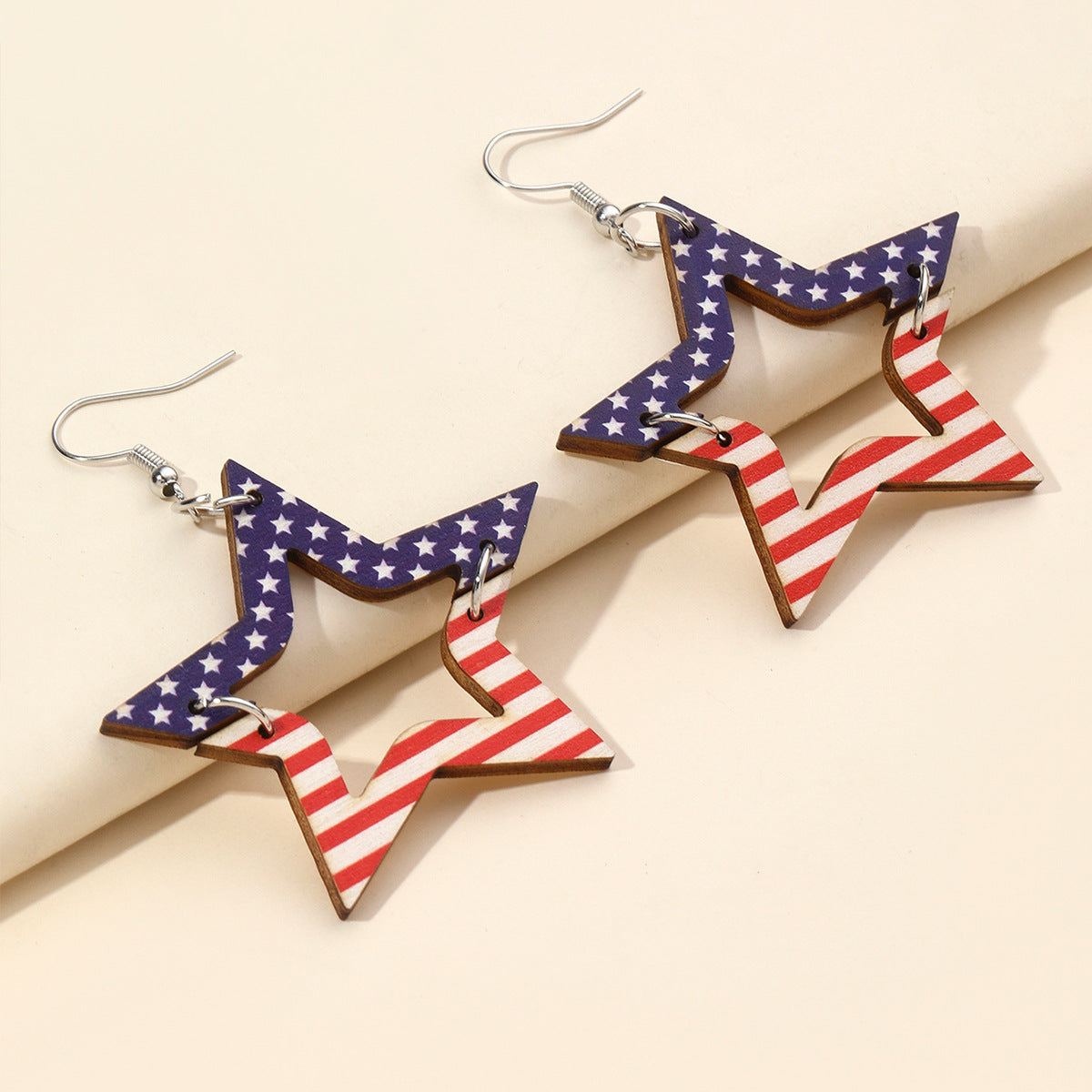 Wholesale Independence Day Hollow Printing Stars Wooden  Earrings