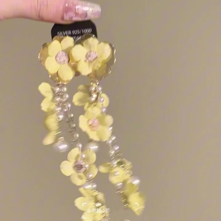 Wholesale Yellow Flower Pearl Tassel Earrings