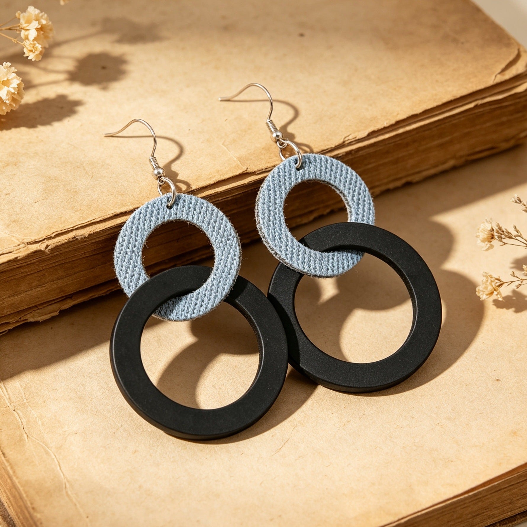 Wholesale Retro Bohemian Double Ring Black Wood Drop Earrings Denim Print Contrast Color Fashion Jewelry Accessory