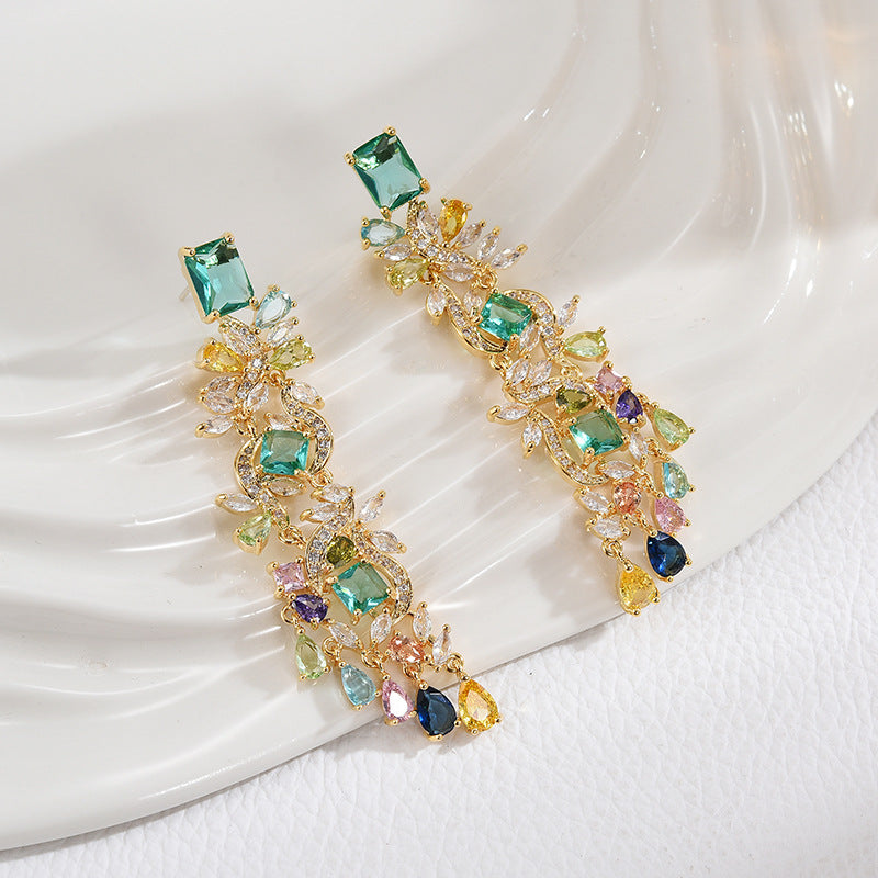 Wholesale S925 silver needle micro inlaid zircon colorful flower drop earrings