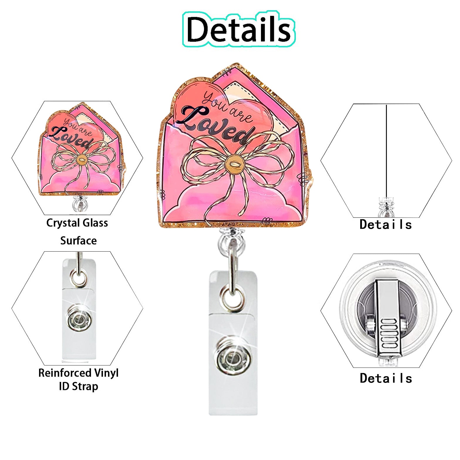 Wholesale  Valentine' s Day Heart-Shaped Acrylic Fun Glitter  Badge Reels