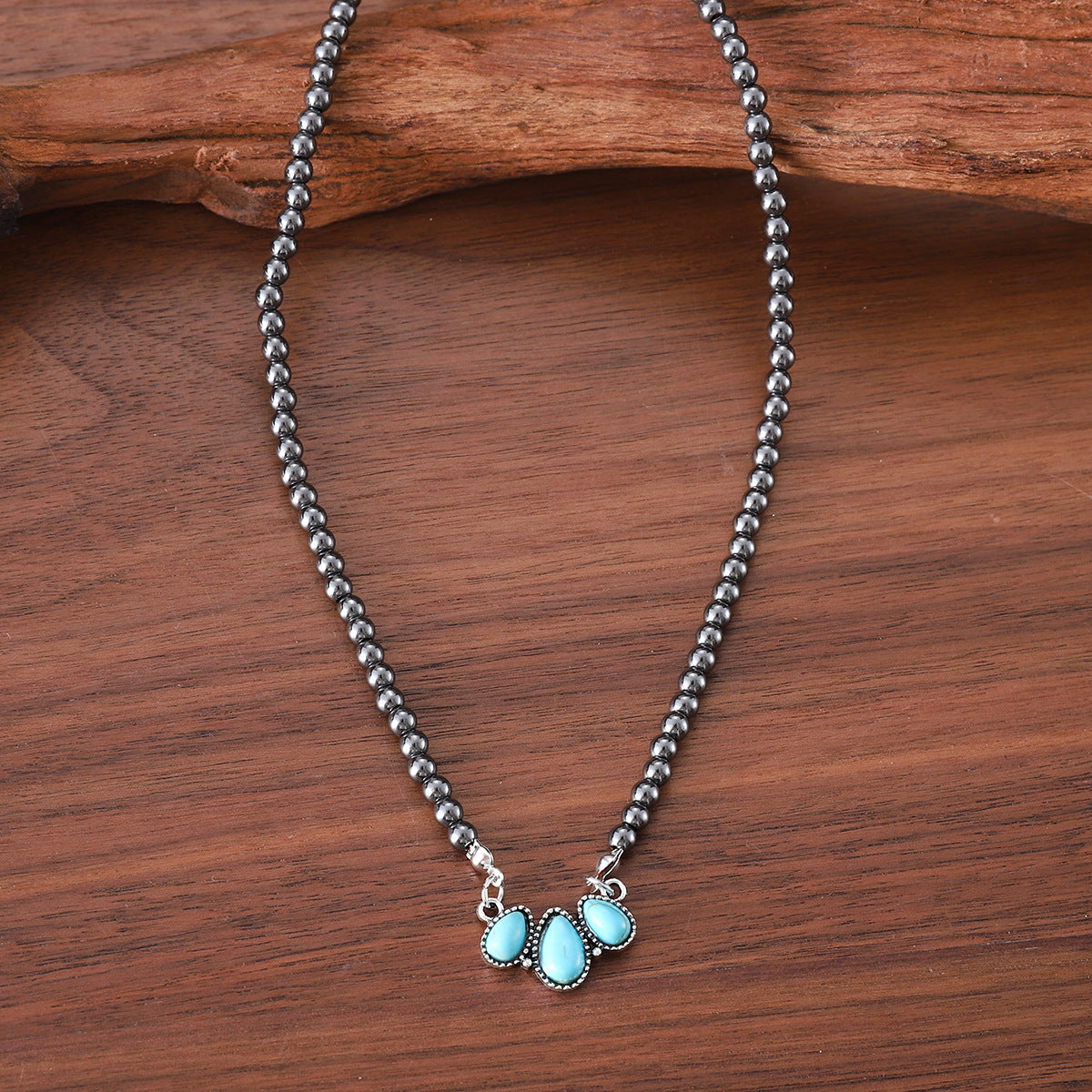Wholesale Vintage Bohemian Turquoise Pendant Necklace Black Round Inlay Zinc Alloy Ball Chain Women S Gift Boutique Resale