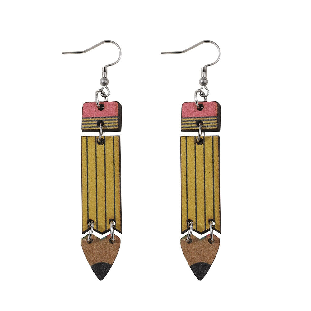 Wholesale  Teaching and Learning Rainbow Pencil Double-sided Wooden Earrings
