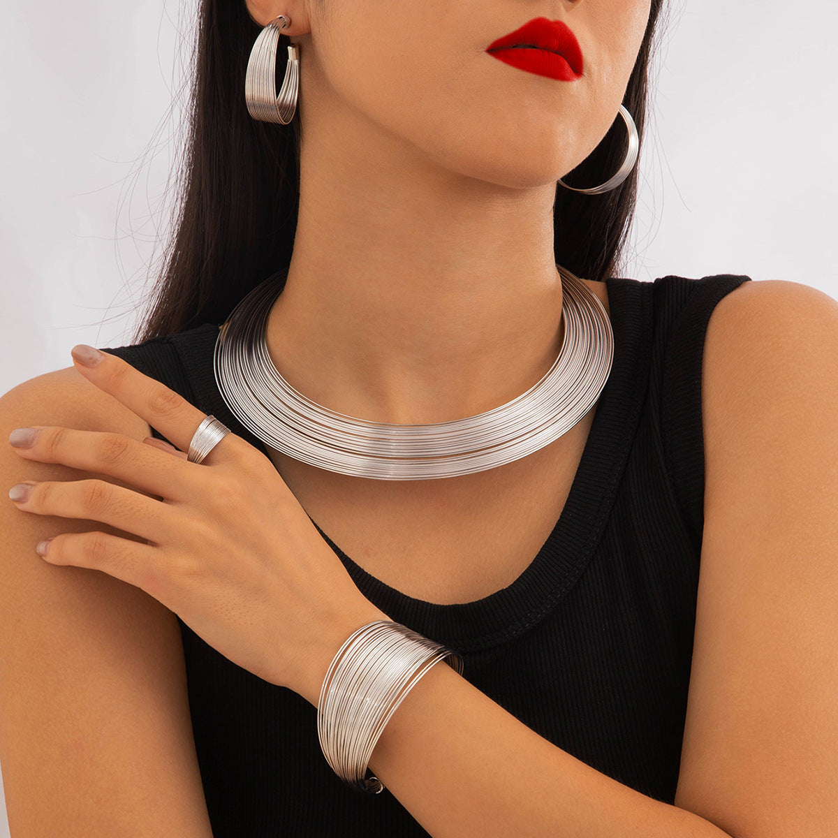 Wholesale Exaggerated Ring Multi-layer Open Collar Necklaces Rings Earrings Bracelet Set ACC-BT-YongGe008