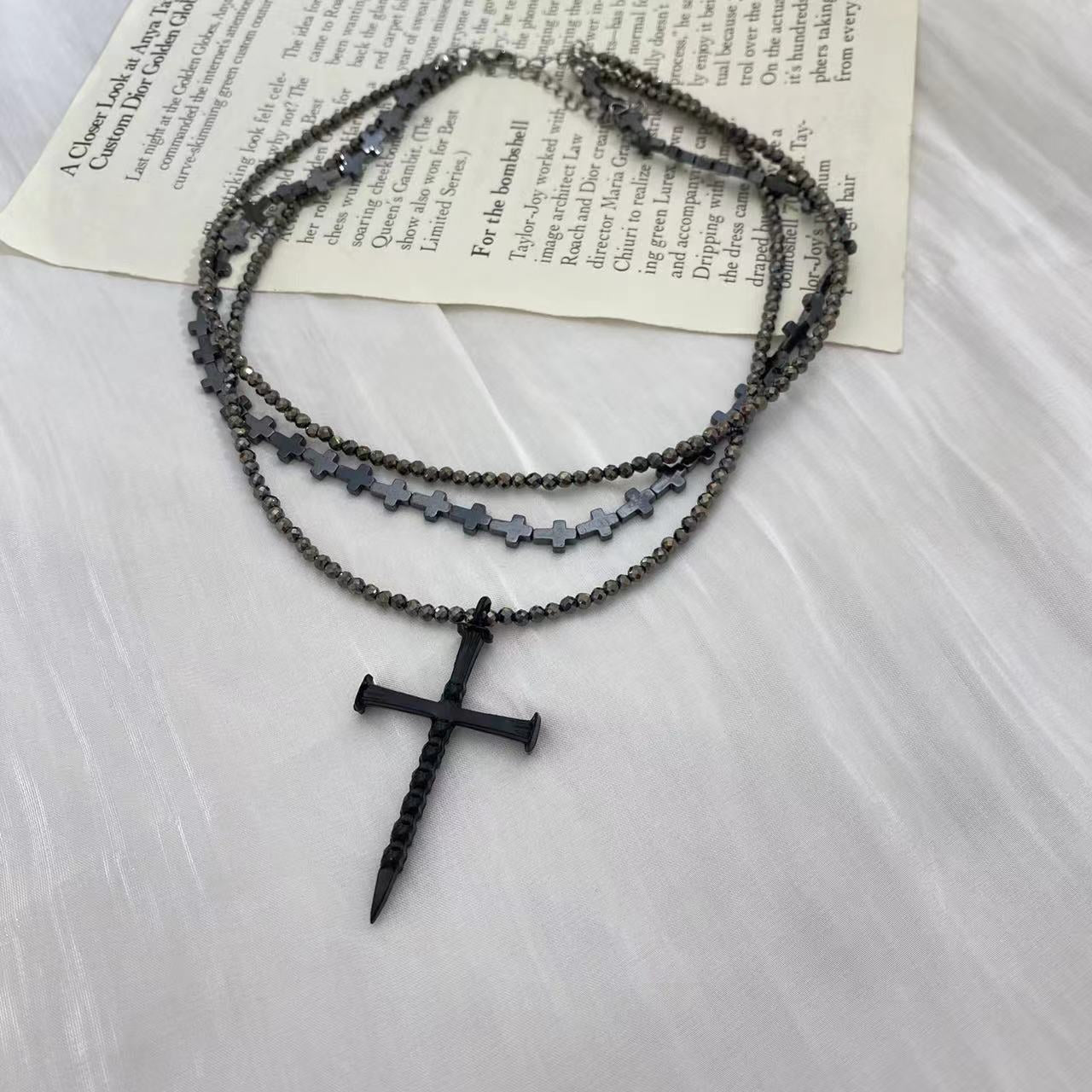 Wholesale  Black Cross Multi-layer Stacked Beaded Necklace