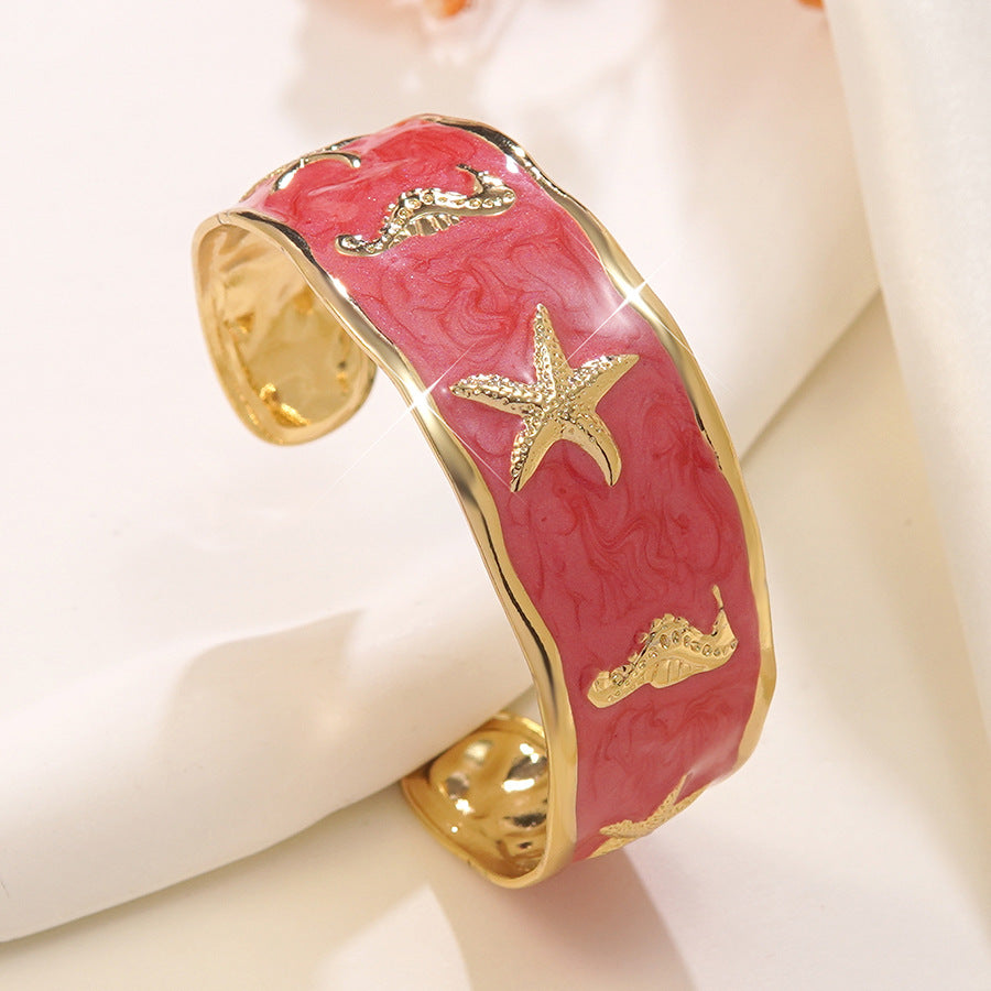 Wholesale Stainless Steel Drip Oil Open Bangle Bracelet with Seahorse Starfish Design - Casual Vacation Style Fashion Accessory for Gift and Boutique Resale