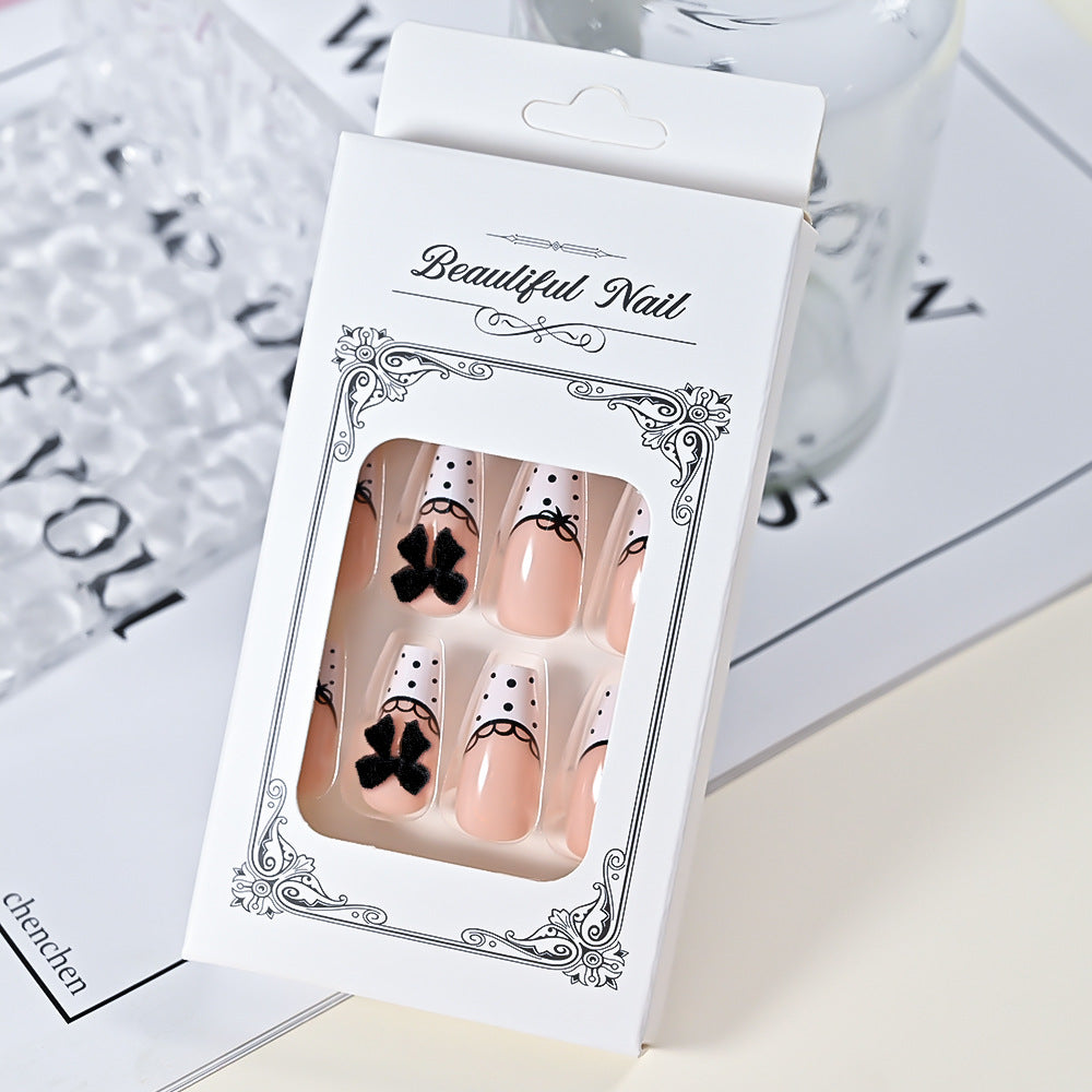 Wholesale 24Pcs Sweet 3D Bow Press On Nails Black White Spotted Nails Fashion Accessory
