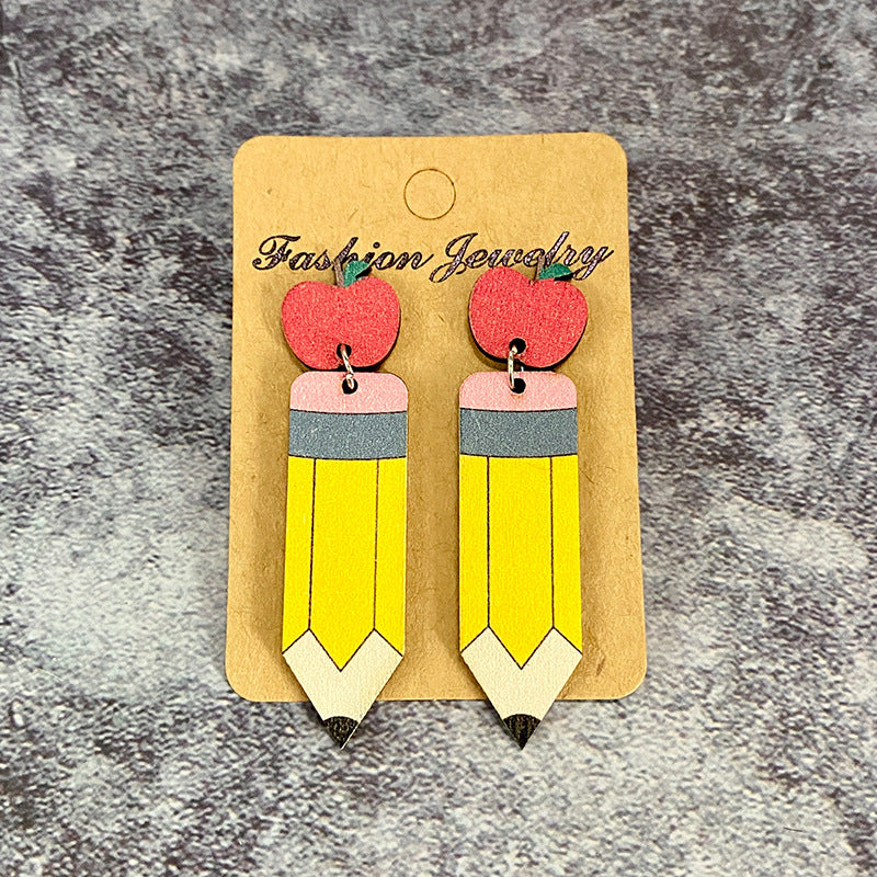 Wholesale Teacher's Day Wooden Earrings Leopard Print Pencil Apple Stitching Earrings ACC-ES-XinChuan029
