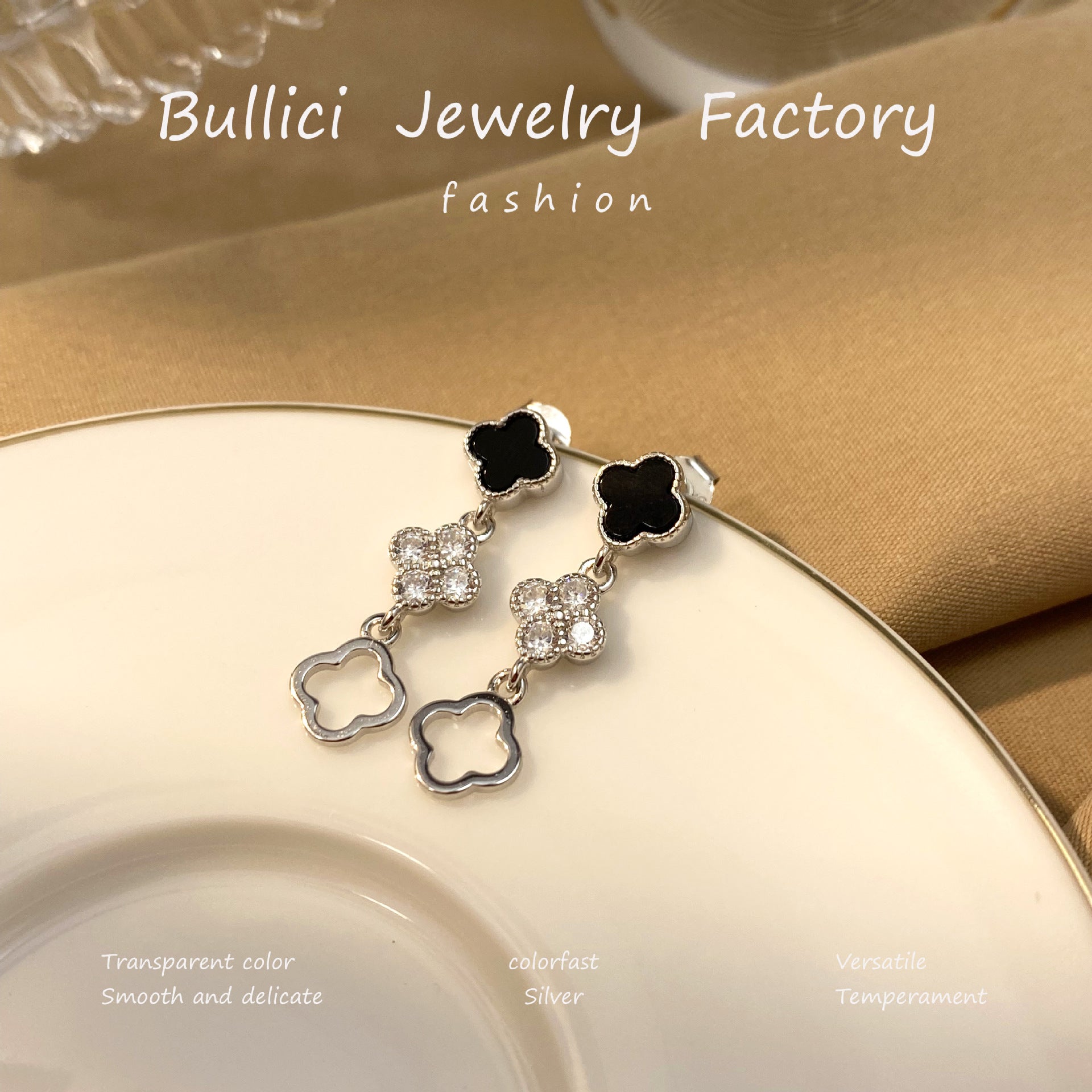 Wholesale  Long Lucky Four-leaf Clover Sterling Silver Earrings