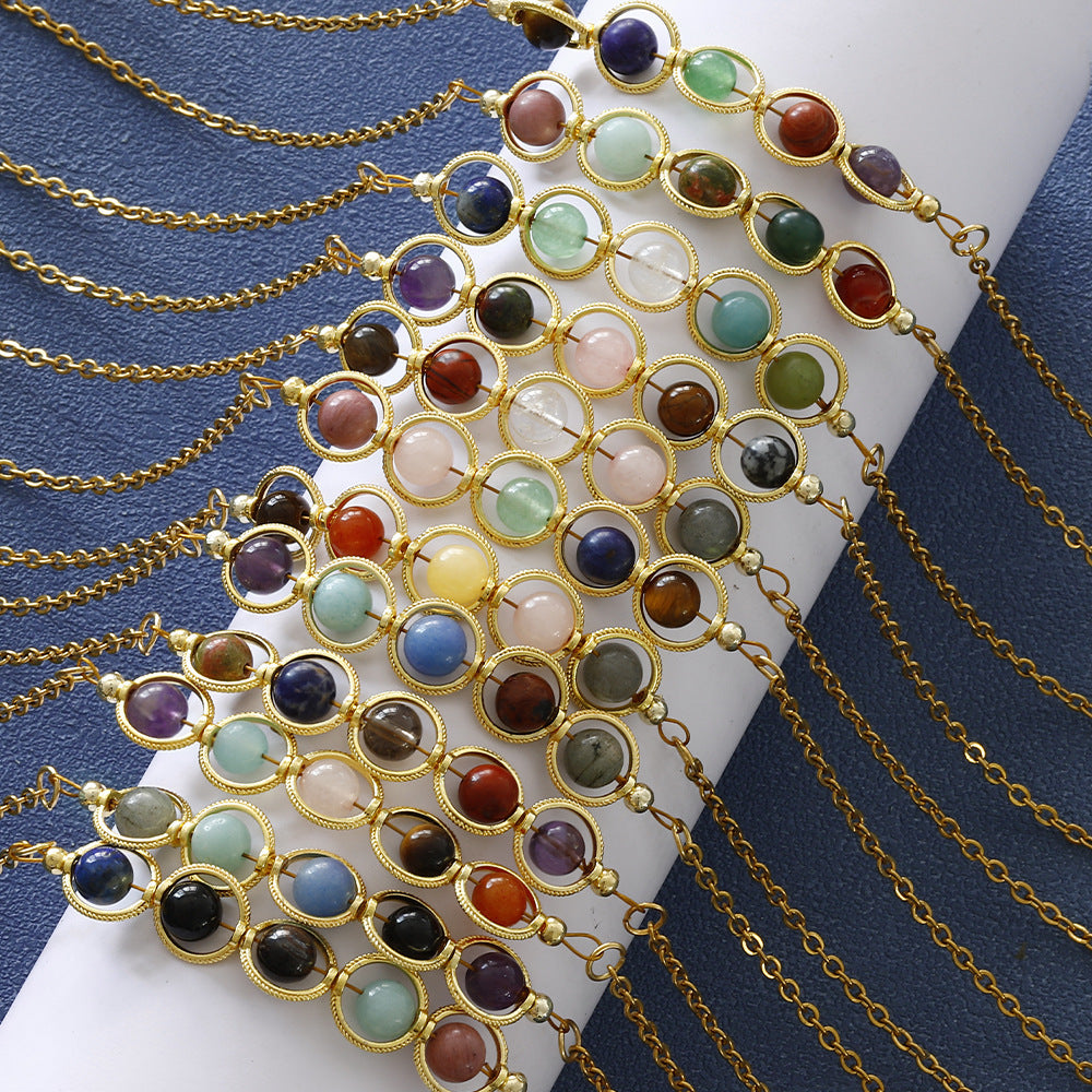 Wholesale Contion Stone Beaded Amethyst Tiger' s Eye Pea Pod Stainless Steel Clavicle Chain