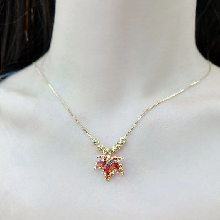 Wholesale  Gold Plated Red Maple Leaf Necklace