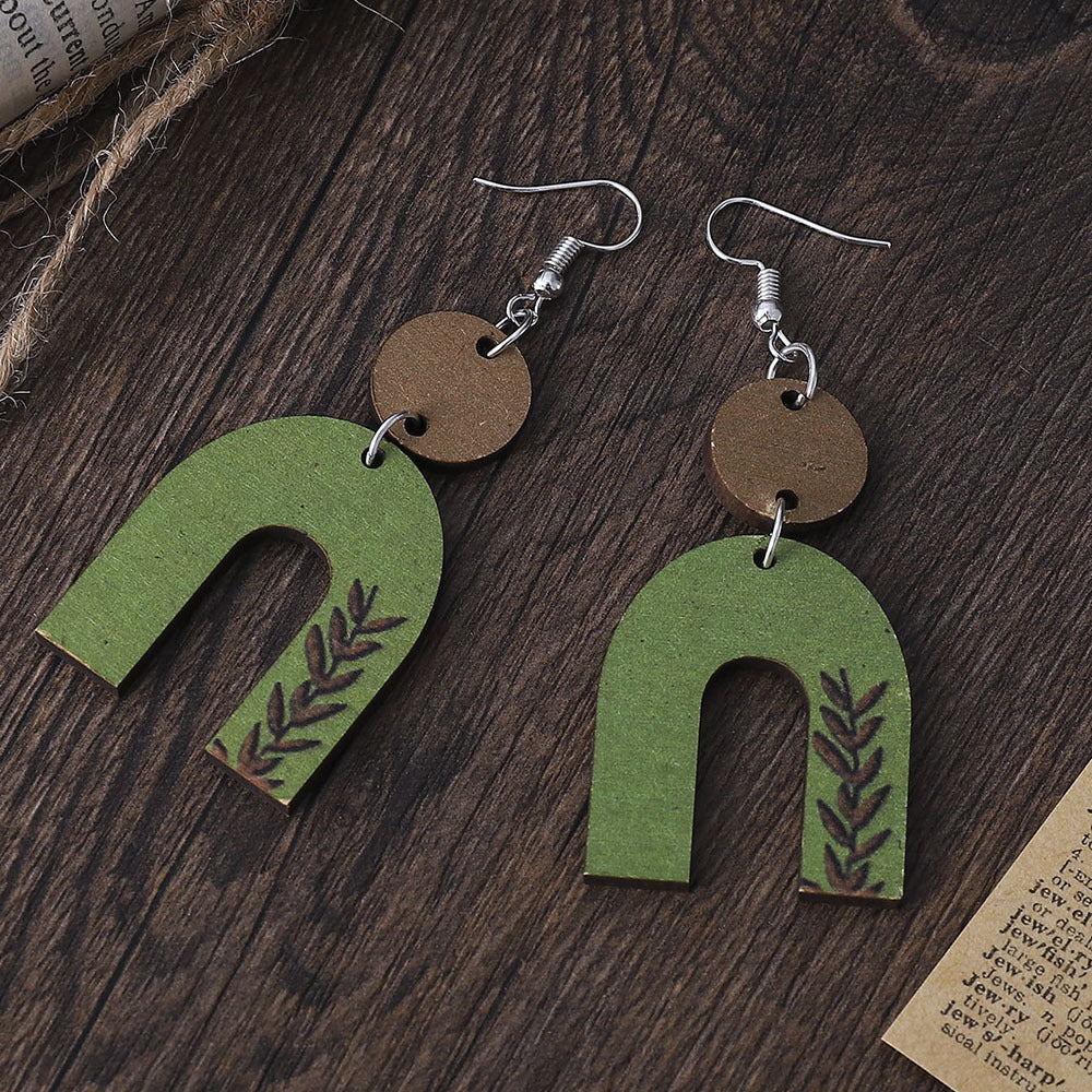 Wholesale  Long U-shaped Geometric Square Hollow Wooden Earrings