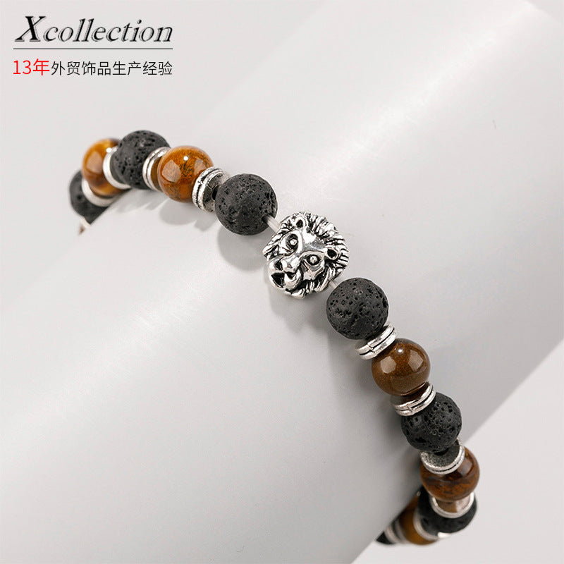 Wholesale lion head elastic tiger eye stone men's bracelet
