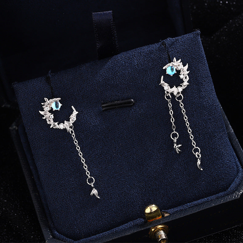 Wholesale S925 silver moonstone blue eucalyptus and bird earrings