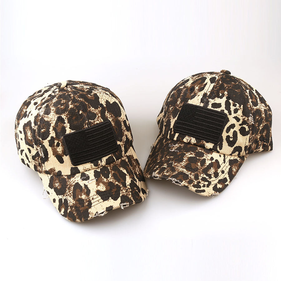 Wholesale Vintage Leopard Print Denim Baseball Cap with Flag Patch,  Retro Fashion Accessory,  Everyday Casual Gift