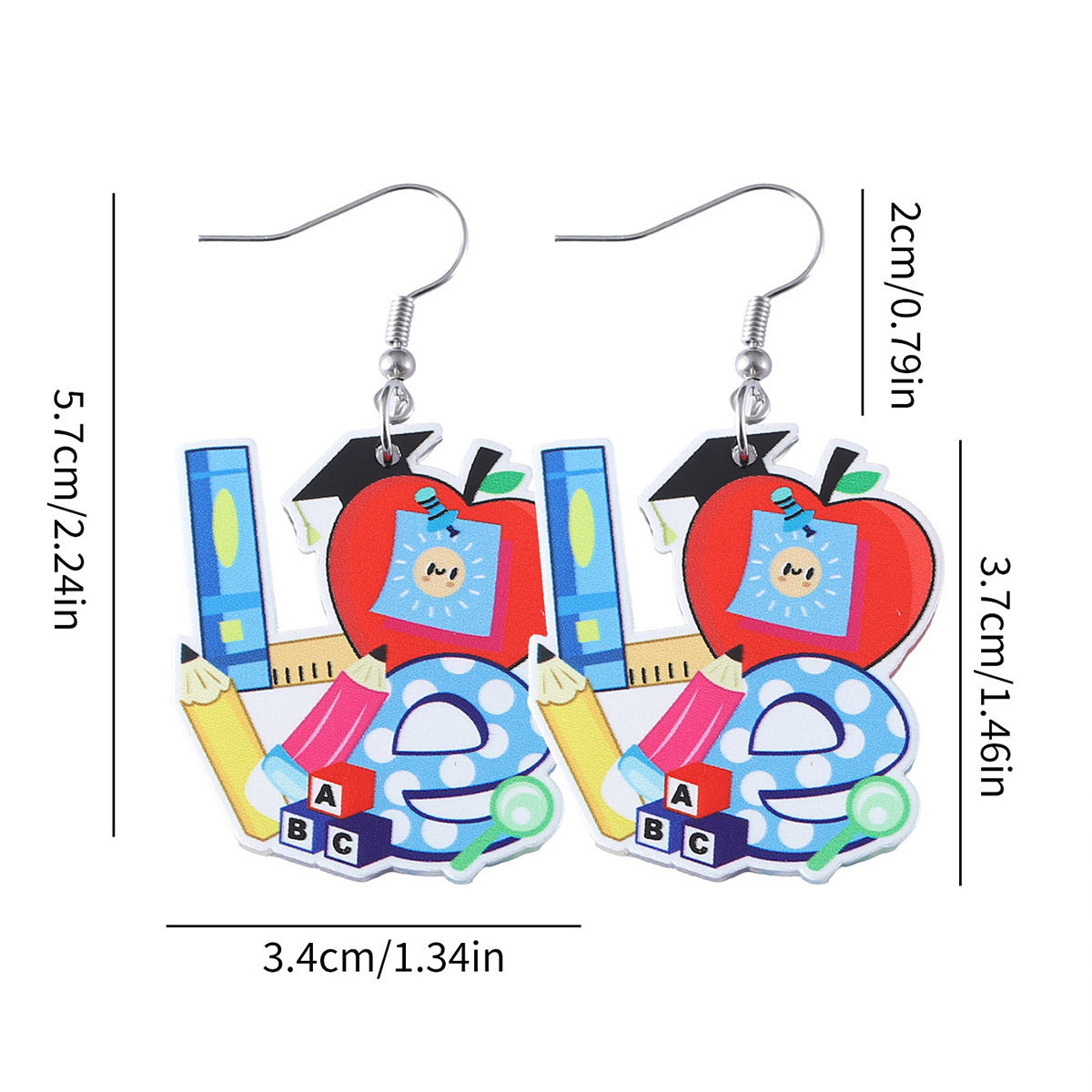 Wholesale School Season Pencil Apple Rainbow Love Ruler Pendant Earrings