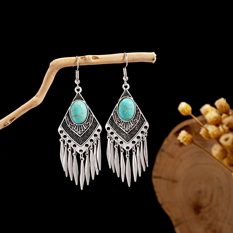 Wholesale retro ethnic style hollow flower tassel turquoise owl alloy earrings ACC-ES-MDD009