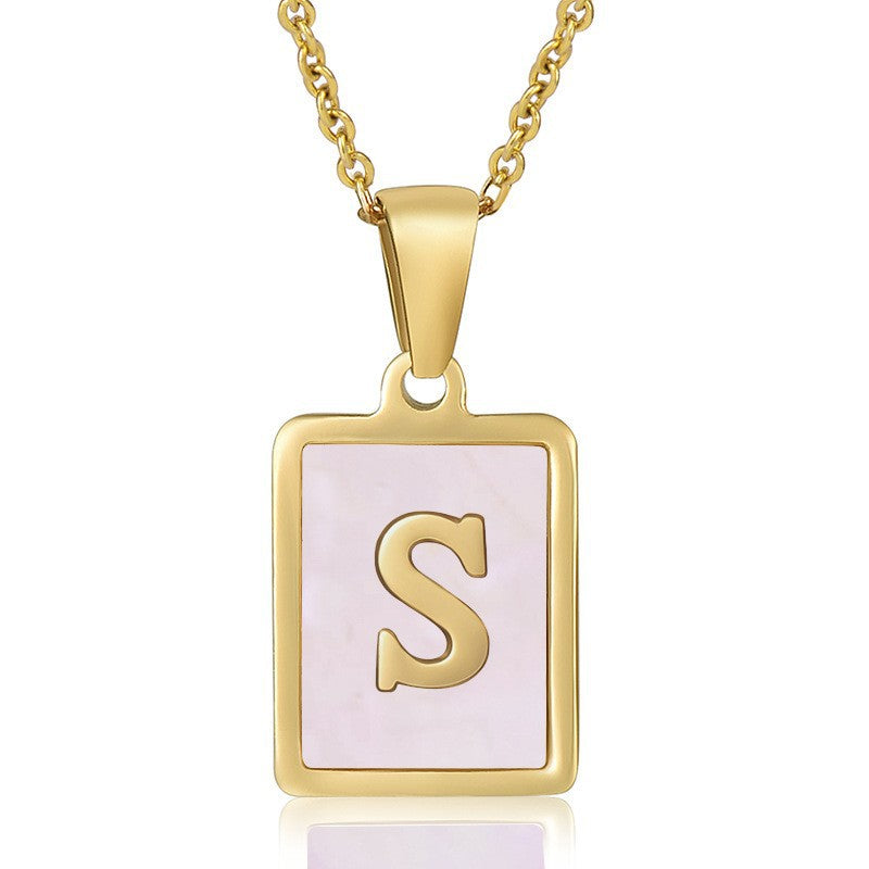 Wholesale Stainless Steel 26 English Letter Necklace 18K Natural Pink Shell Clavicle Chain ACC-NE-Zhongy007