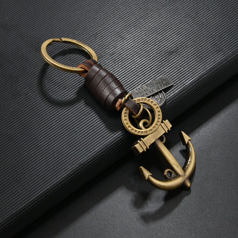 Wholesale Alloy Bronze Ship Anchor Vintage Woven Cowhide Keychains