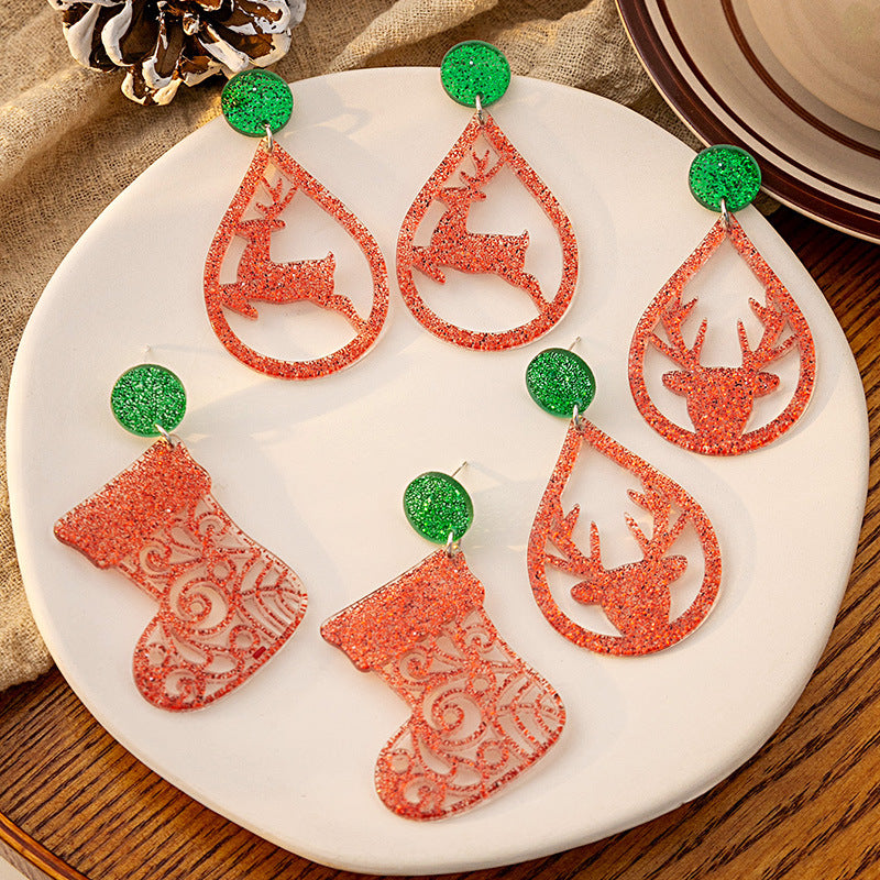 Wholesale Santa Claus Acrylic Snowflake Elk Hollow Earrings Christmas Socks Earrings ACC-ES-MDD076