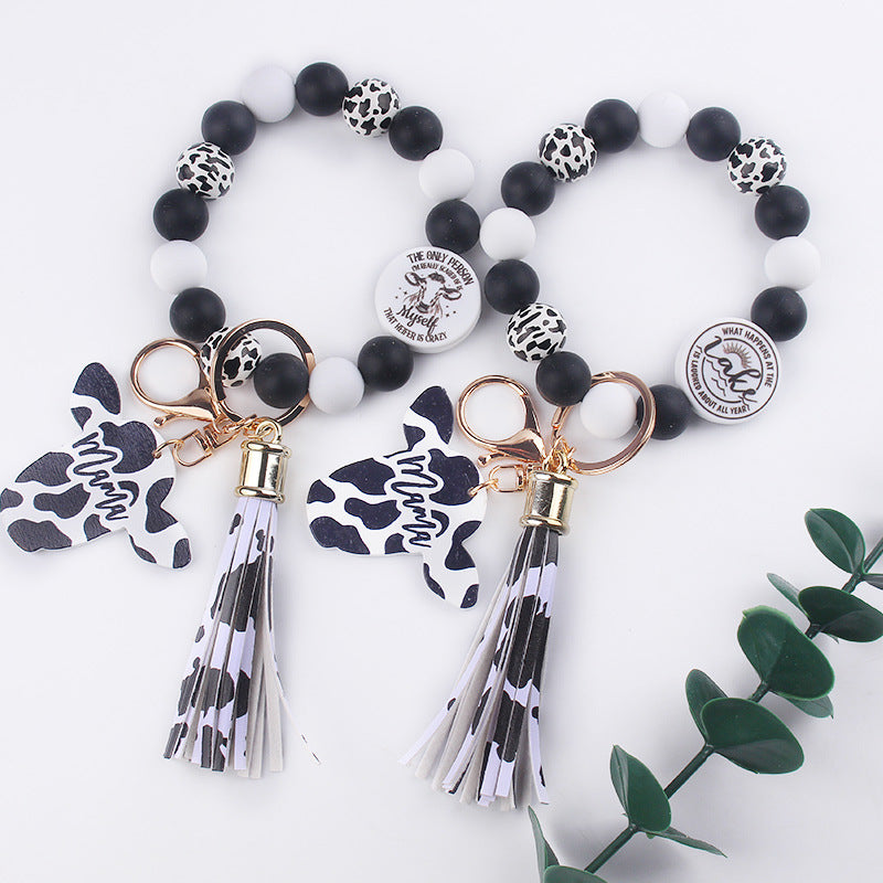 Wholesale Western Style Cow Pattern MOM Tassel Wrist Keychain Mother's Day ACC-KC-GuangTian054