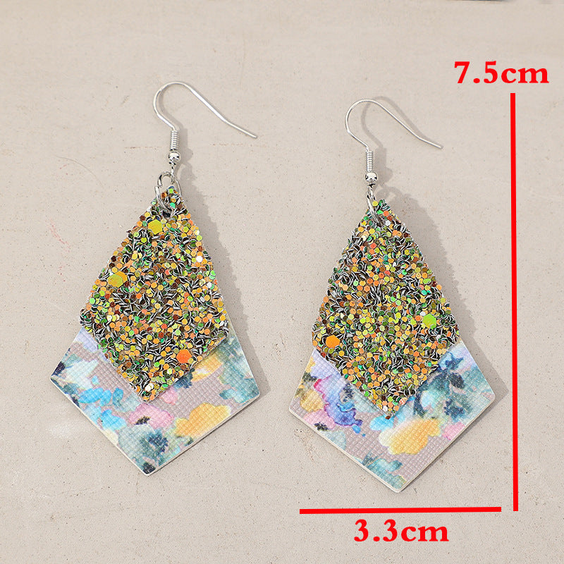 Wholesale  retro diamond sequins double-layer pattern personality trendy leather earrings