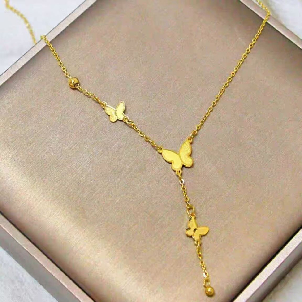 Wholesale Butterfly Necklace  Titanium Steel PVD Electroplated Y Type Long Exquisite Butterfly Tassel Pendant Necklace