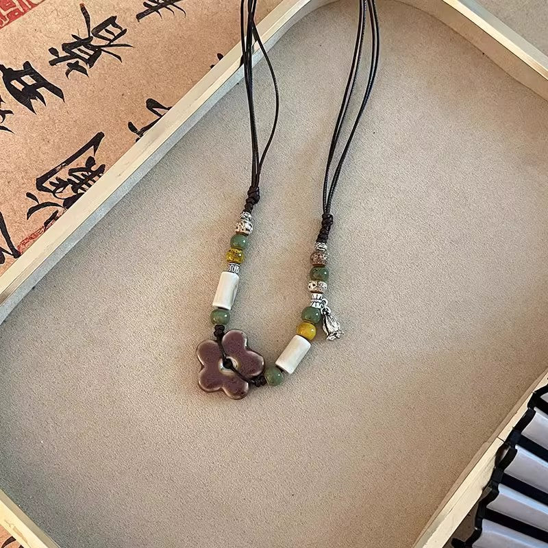 Wholesale Vintage Butterfly Necklace Sweater Chain Ceramic Flower Beaded Necklace ACC-NE-Miaosi015