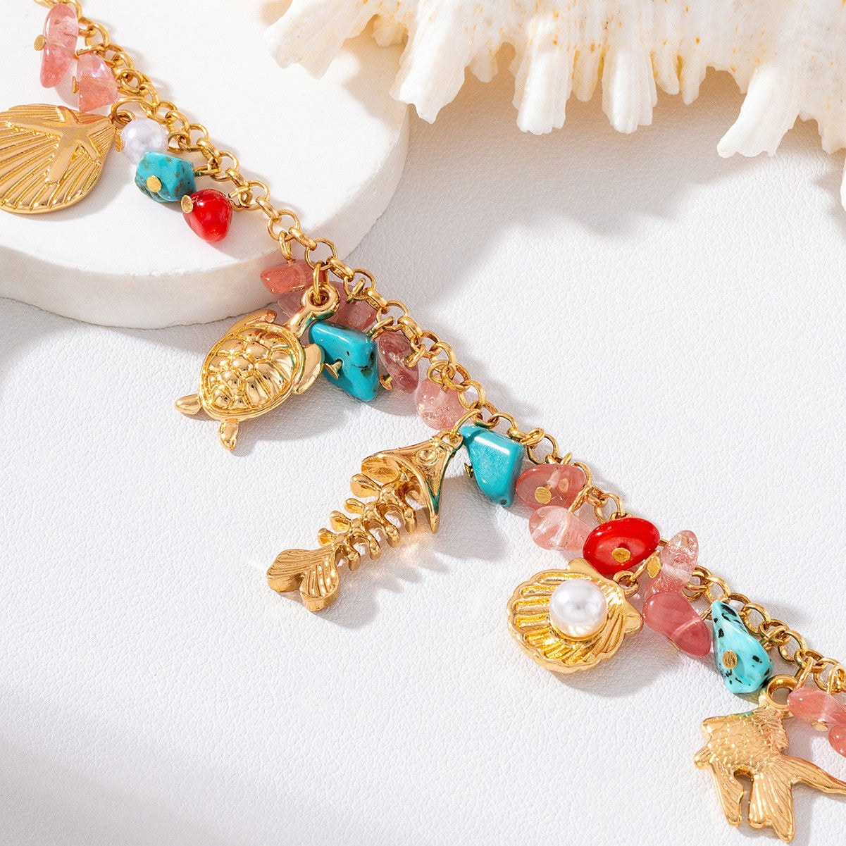 Wholesale Bohemian Ocean Style Choker Necklace Shell Fishbone Sea Turtle Colorful Stone Pearl Gold Plated Fashion Accessory