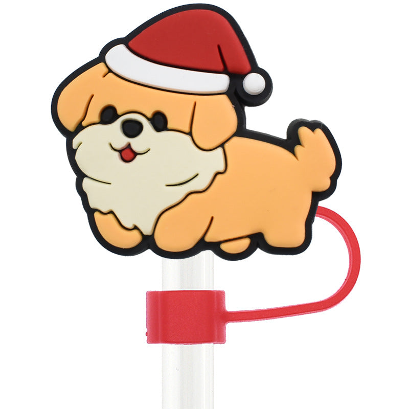 Wholesale Random 100pcs Christmas Cartoon Puppy 10mm PVC Soft Straw Tube Cap ACC-SCR-RYY094