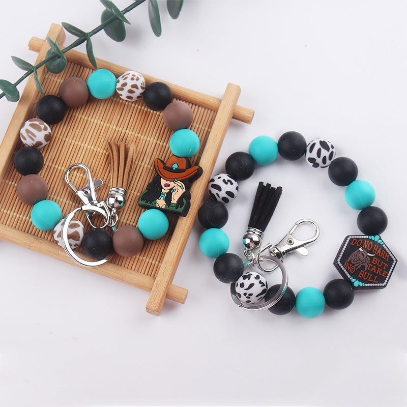 Wholesale Cartoon Western Style Cow Head Silicone Beaded Wrist Keychain ACC-KC-GuangTian061