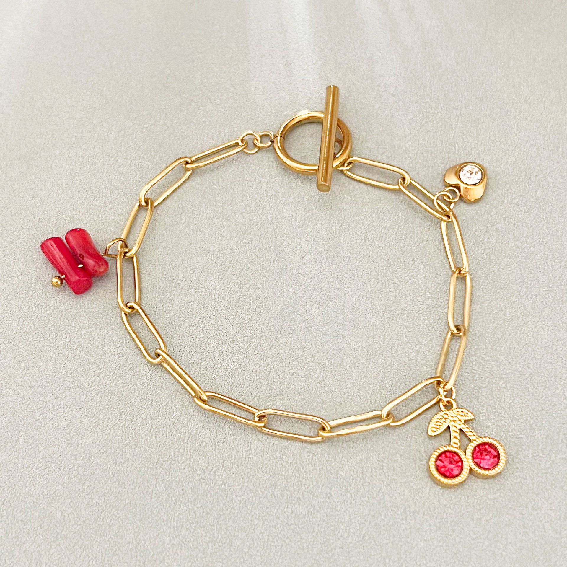 Wholesale 18K Gold-Plated Stainless Steel Heart Cherry Bracelet