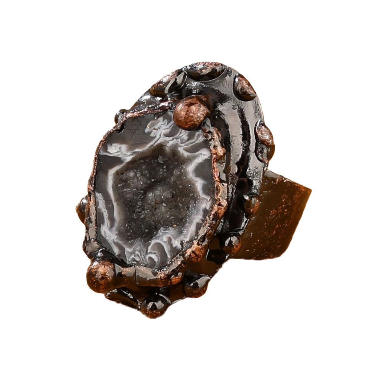 Wholesale Retro Style Natural Crystal Hole Agate Handmade Welded Electroplated Bronze Open Adjustable Women' s Ring