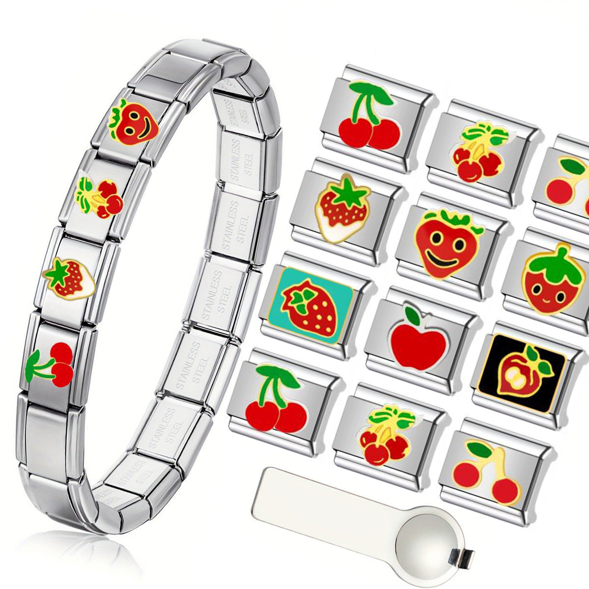 Wholesale Strawberry Cherry Fruit Charm Bracelet Stainless Steel Drip Oil Finish Fashion Jewelry for Everyday Wear