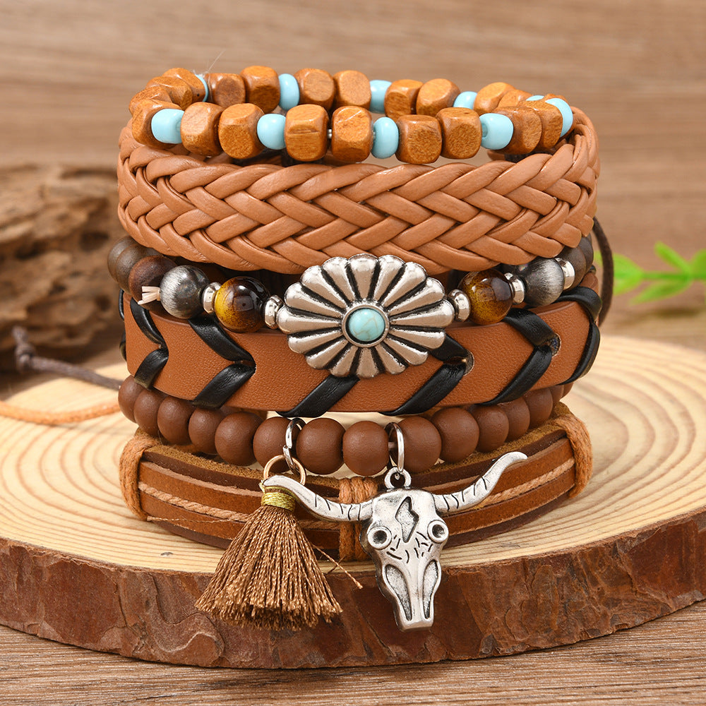 Wholesale Retro Style Bullhead Cactus Multi-Layer Leather Braided DIY 6-Piece  Bracelet