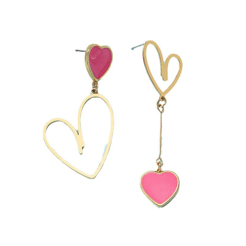 Wholesale Trendy Asymmetric Pink Heart Drop Earrings Alloy Electroplated Jewelry Accessory