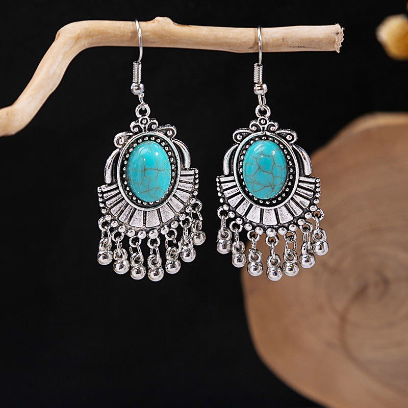 Wholesale Retro Ethnic Style Blue Turquoise Hollow Ring Flower Tassel Earrings Jewelry Accessory
