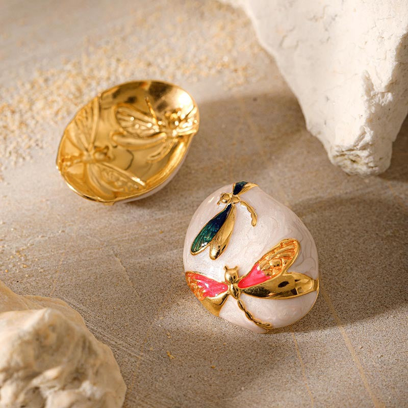 Wholesale Stainless Steel Oval Asymmetrical Oil-Drip Dragonfly Pattern Earrings