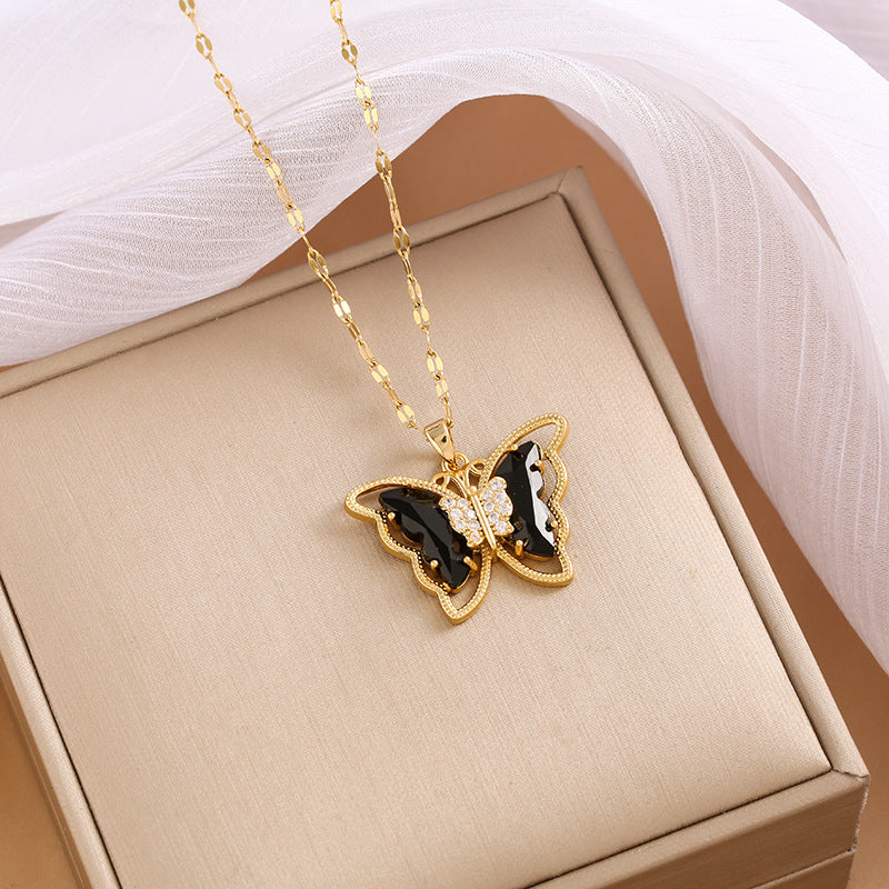 Wholesale Gold Plated Necklace Micro-Inlaid Colored Crystal Butterfly Necklace Titanium Steel Necklace ACC-NE-Nayin004