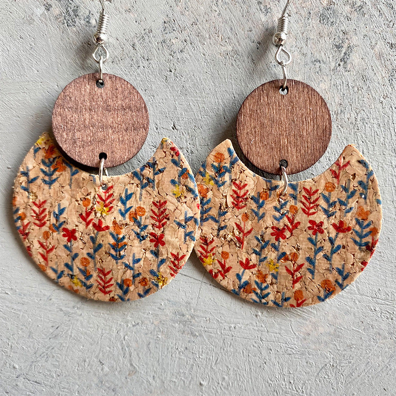 Wholesale Cork Printed Round Geometric Earrings Wood Leather Jewelry Gift