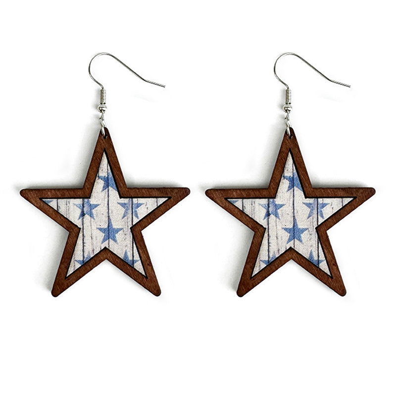 Wholesale American Independence Day Western Style Pentagram Wooden Earrings ACC-ES-XinChuan015
