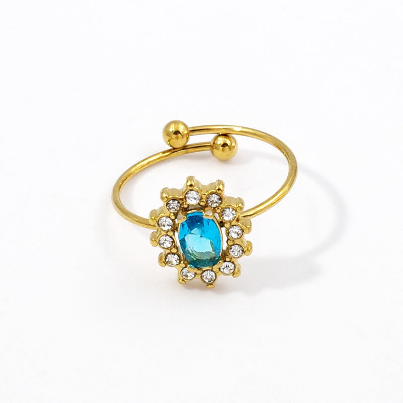Wholesale Adjustable Flower Design Stainless Steel Open Ring with Colored Gemstones Fashion Jewelry Accessory