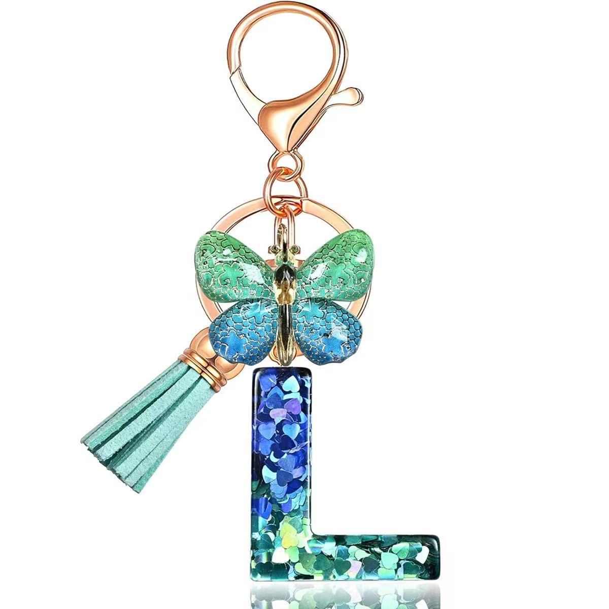 Wholesale Resin Alphabet Keychain With Butterfly Tassel Blue Gradient Vacation Style Fashion Accessory For Bags And Keys