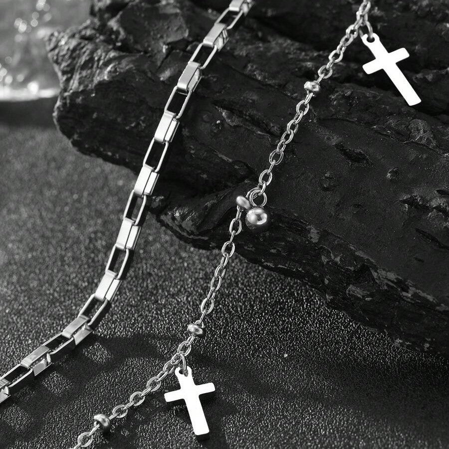 Wholesale European Retro Men' s Double-Layer Cross Bracelet Alloy Chain Round Bead Pendant Fashion Accessory