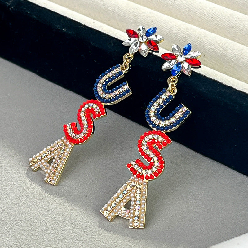 Wholesale  US Independence Day Creative Metallic Set with Rice Bead Earrings