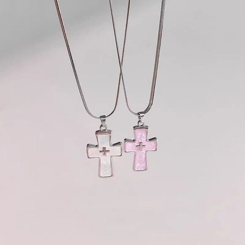 Wholesale Titanium Steel Pink Shell Cross Necklace